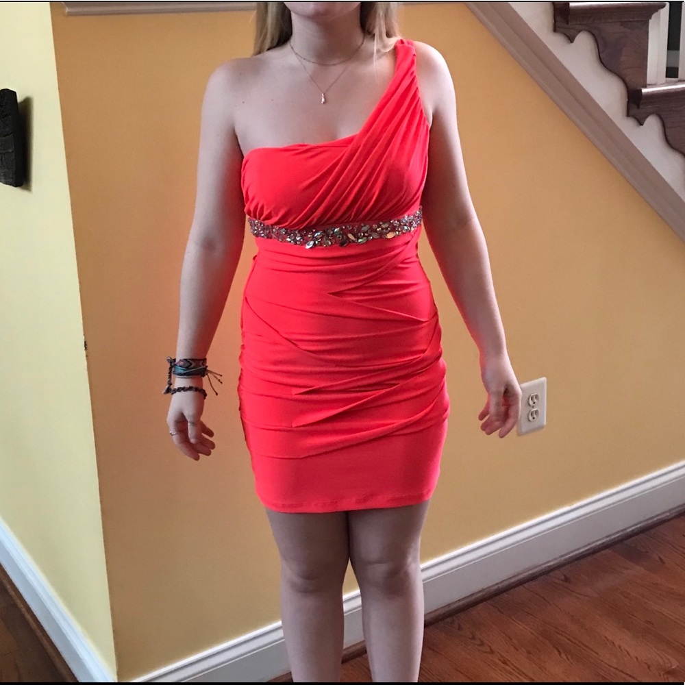 Coral One Shoulder Mini Dress